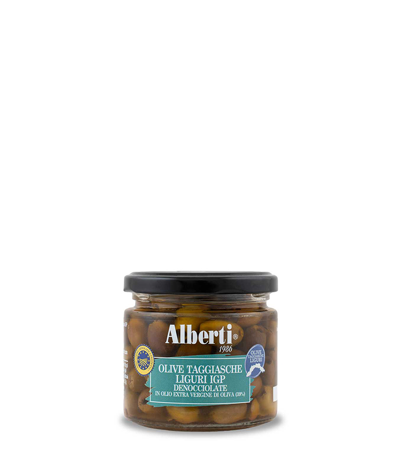 Alberti entsteinte Taggiasca-Oliven in nativem Olivenöl extra, 170 g