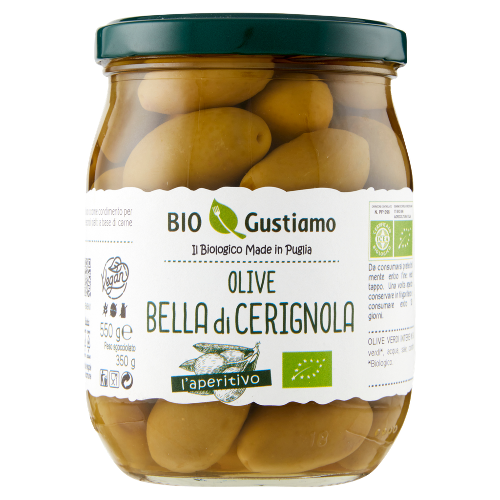 Bio Gustiamo Olive Bella di Cerignola 550 g – olive verdi intere biologiche in salamoia