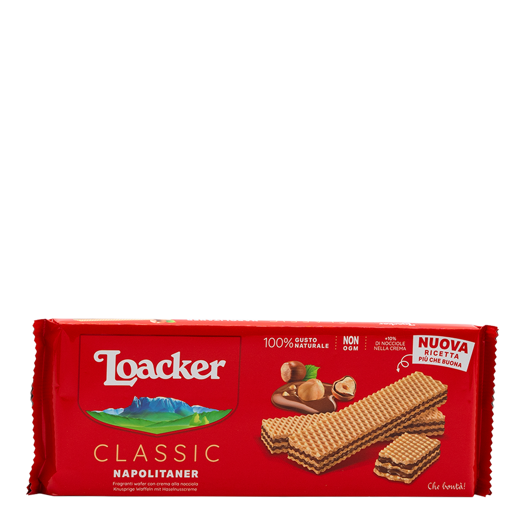 Confezione di wafer Loacker Napolitaner con crema alla nocciola, 175 g. Preparati con nocciole di origine italiana.