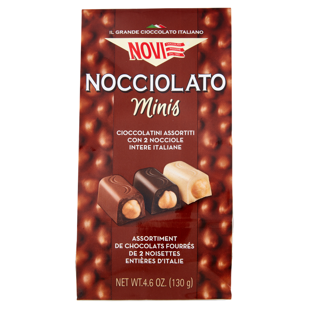 Novi Miniature Nocciolato 130 g, gemischte Pralinen mit ganzen italienischen Haselnüssen und Gianduja-, Zartbitter- und weißer Schokolade