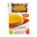 Confezione di Polenta Valsugana Classica con farina di mais precotta a vapore. Mais 100% italiano, senza glutine. Pronta in circa 8 minuti.