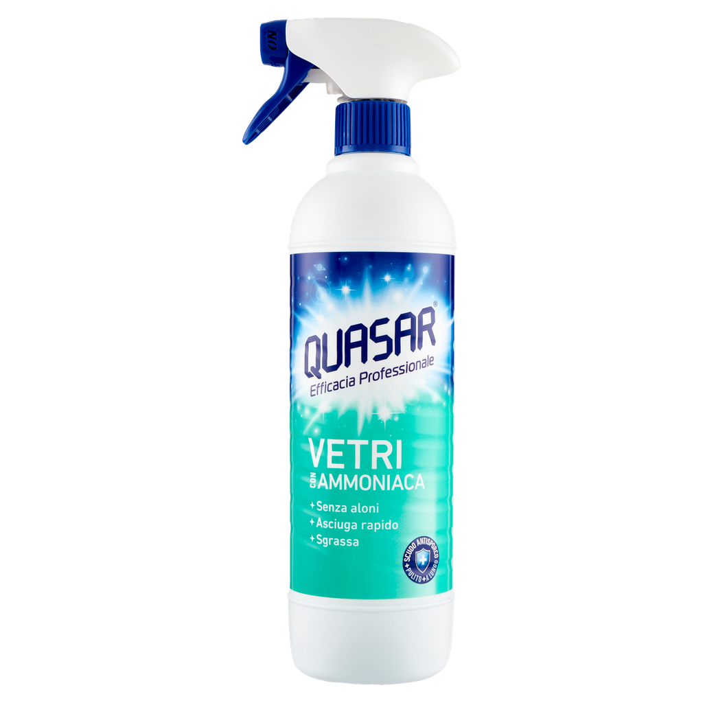 Flacone spray Quasar Vetri con Ammoniaca, detergente per vetri, specchi e superfici dure, 580 ml