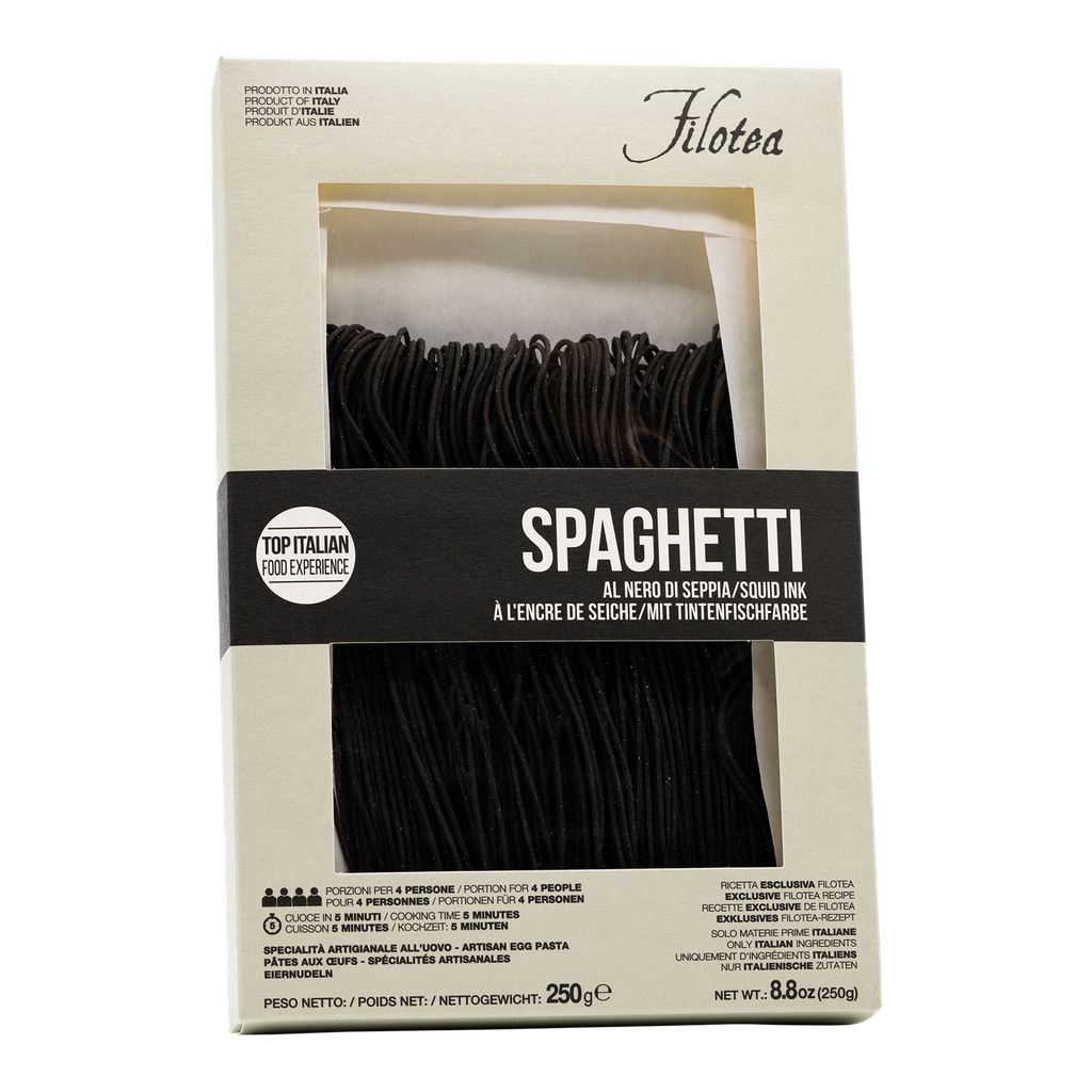 Filotea Spaghetti Chitarra Nero di Seppia – schwarze Eierpasta mit Tintenfischtinte, 250 g