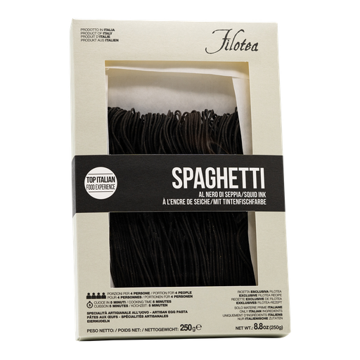 Filotea Spaghetti Chitarra Nero di Seppia – schwarze Eierpasta mit Tintenfischtinte, 250 g